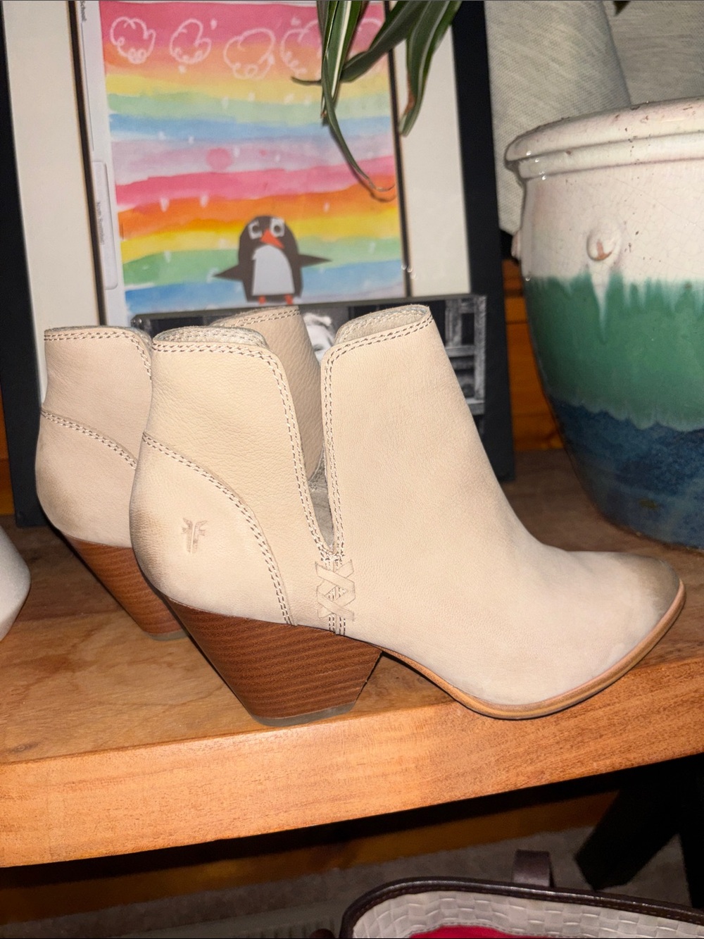 Frye Cream Suede Ankle Booties with Stacked Heel